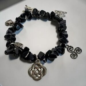 Celtic Knot Triskele Pentacle Charm Bracelet‎ Black Onyx Blue Goldstone